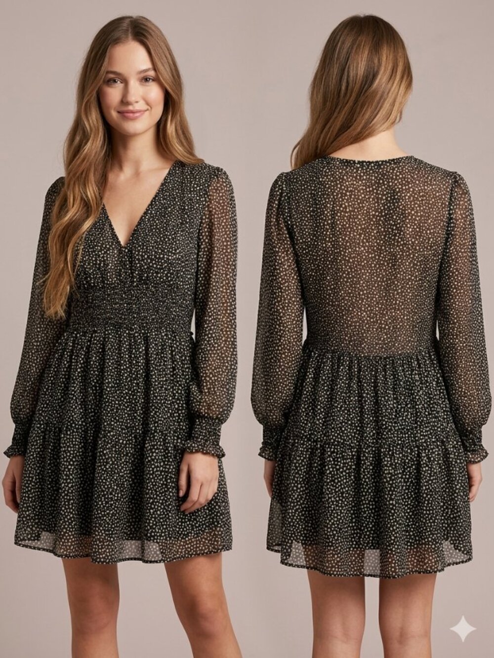 ZARA Green sheer top Chiffon Mini Dress Smocked Waist Long Sleeve Size M